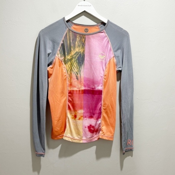 Roxy Other - ROXY Women’s Orange Gray Pink Tropical Print Paneled Long Sleeve Rashguard Sz L